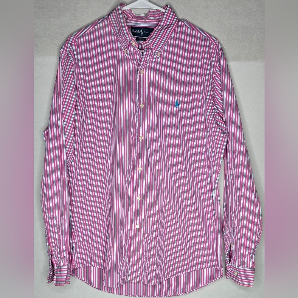 Ralph Lauren Mens L Custom Fit Striped Button Down Shirt Pink/Blue White